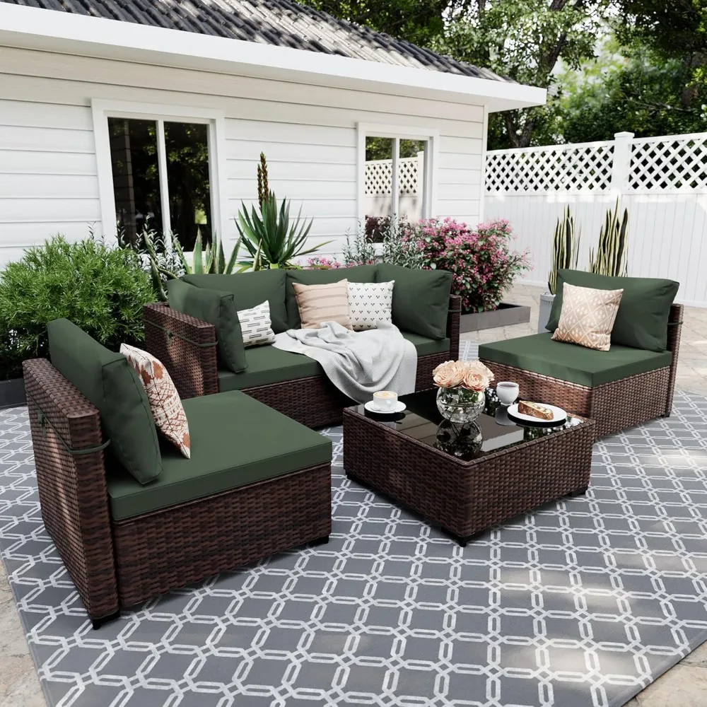 

5 Pieces Patio Furniture Sets Outdoor Sectional Sofa Wicker Conversation Couch for Decks, Backyards, Gardens, Brown Rattan, Pin
