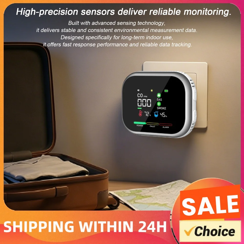 6-in-1 Air Quality Monitor Plug-in Gas Detector Carbon Monoxide Detectors with HD Display Temperature & Humidity Tester for Home