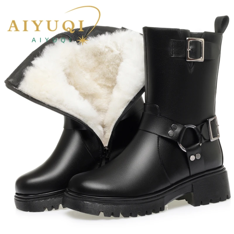 AIYUQI 2024 new women's motorcycle boots winter warm snow boots female comfortable mid-tube womenboots large size