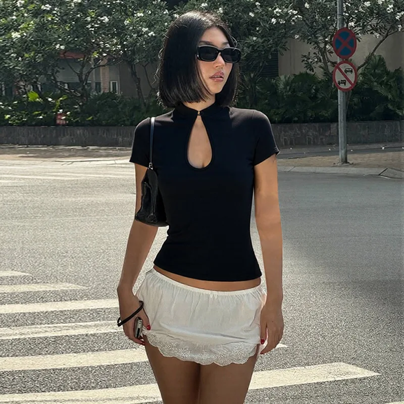 Y2K Hollow Short Sleeve T Shirt Women Sexy Retro Plate Buckle Fashion Slim Summer Top