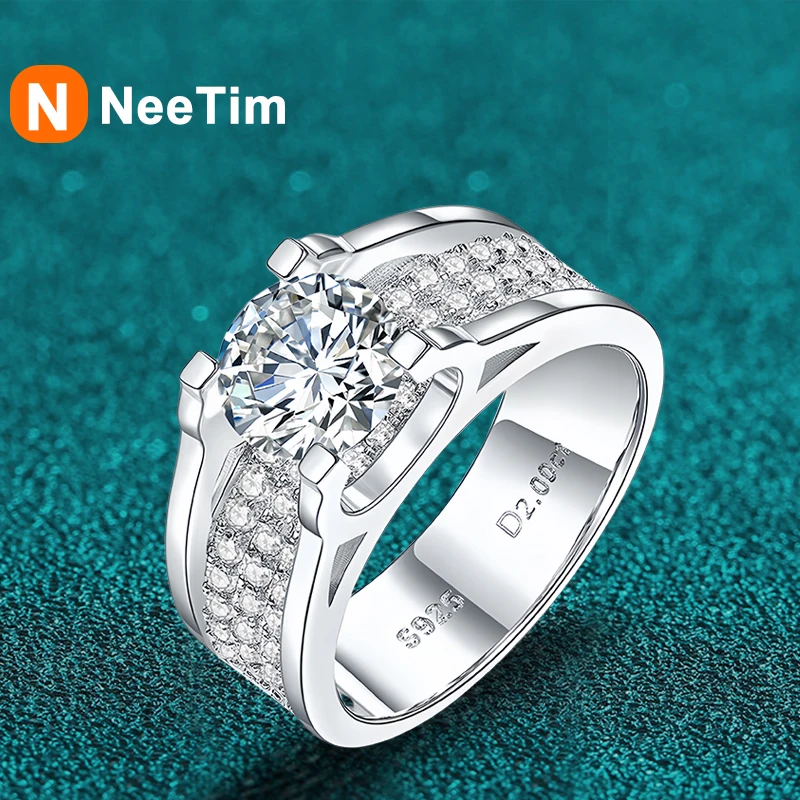 

NeeTim 1ct 2ct D Color Moissanite Ring For Men 925 Sterling Silver Engagement Wedding Band Party Man Rings Luxury Fine Jewelry