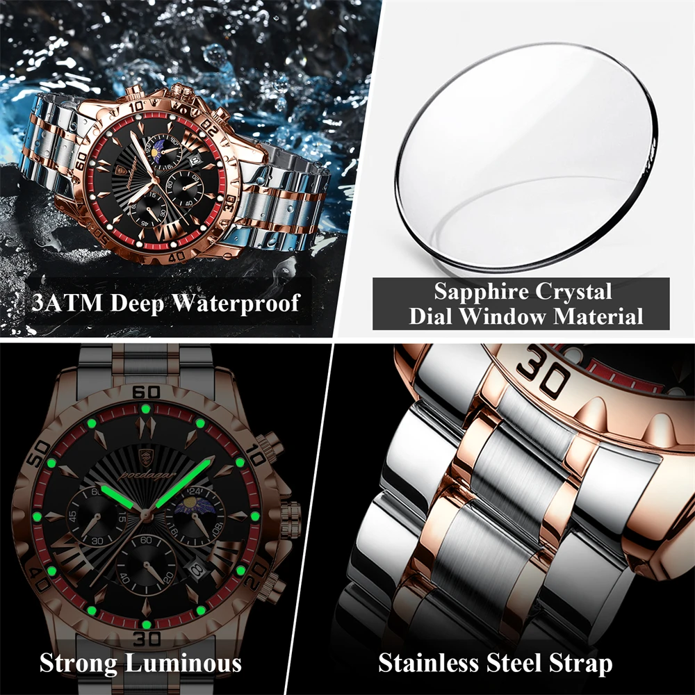 POEDAGAR Luxury Military Watch For Men Waterproof Luminous Chronograph Date Man Wristwatch Stainless Steel Quartz Men's Watches