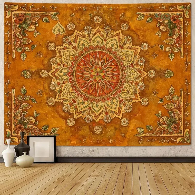 VIKAMA Yellow Boho Mandala Tapestry, Vintage Floral Ethnic Print Wall Hanging for Bedroom Dorm Living Room Home Decor