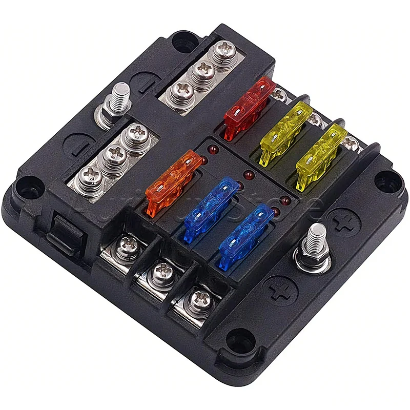 12 Volt Fuse Block, Waterproof Boat Fuse Panel with LED Warning Indicator Damp-Proof Cover, 6 Circuits with Negative Bus Fuse