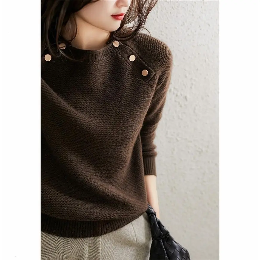 

2023 Women Thick Sweater Pullovers Casual Autumn Winter Button Round Collar Chic Sweater Female Slim Soft Knitwear Sweater Z14