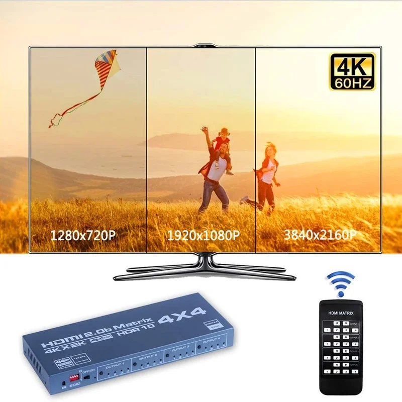 Hdmi-interruptor de matriz compatível 4x4, divisor 4 do switcher da matriz 4k em 4 para fora caixa com extrator edid e controle remoto do ir