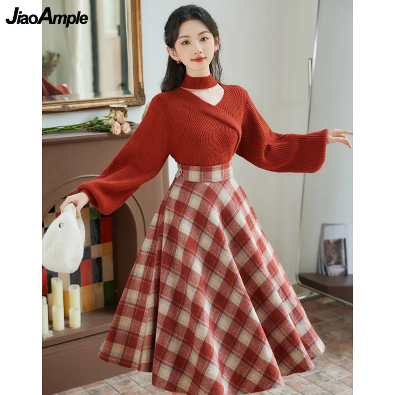 Autumn Winter Women Matching Sets Lucky Red Halter V-Neck Sweater Plaid Skirts Two Piece Suit England Style Vintage Slim Outfits