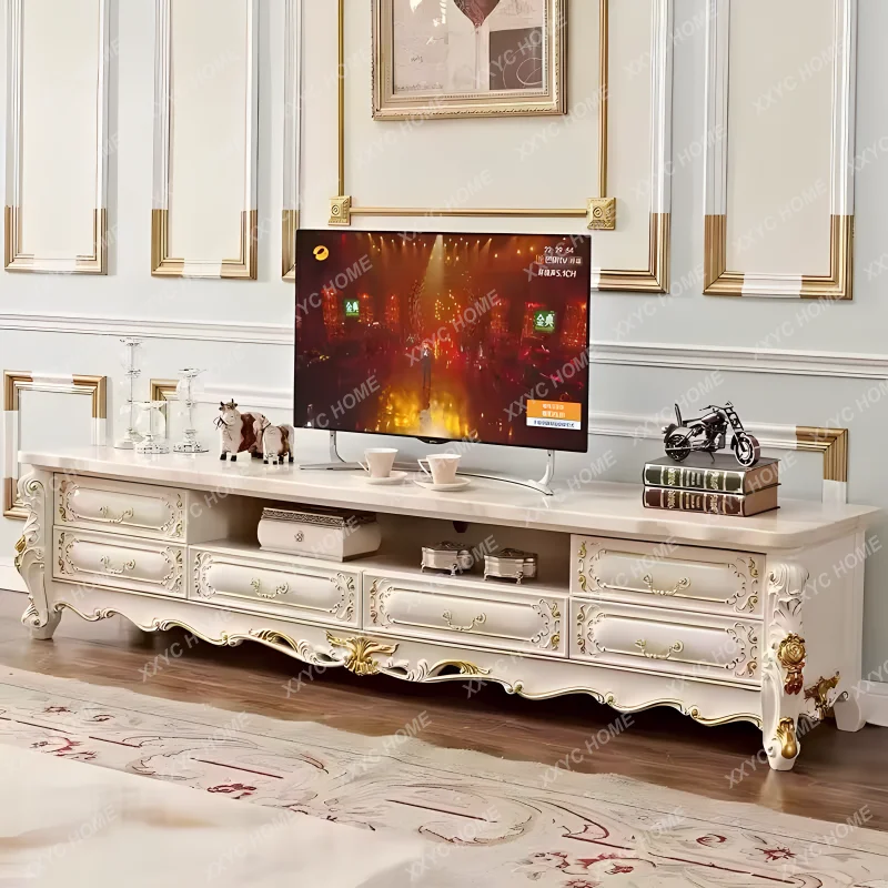 KKKMarble coffee table tv stand living room solid wood white lcd tv console cabinet