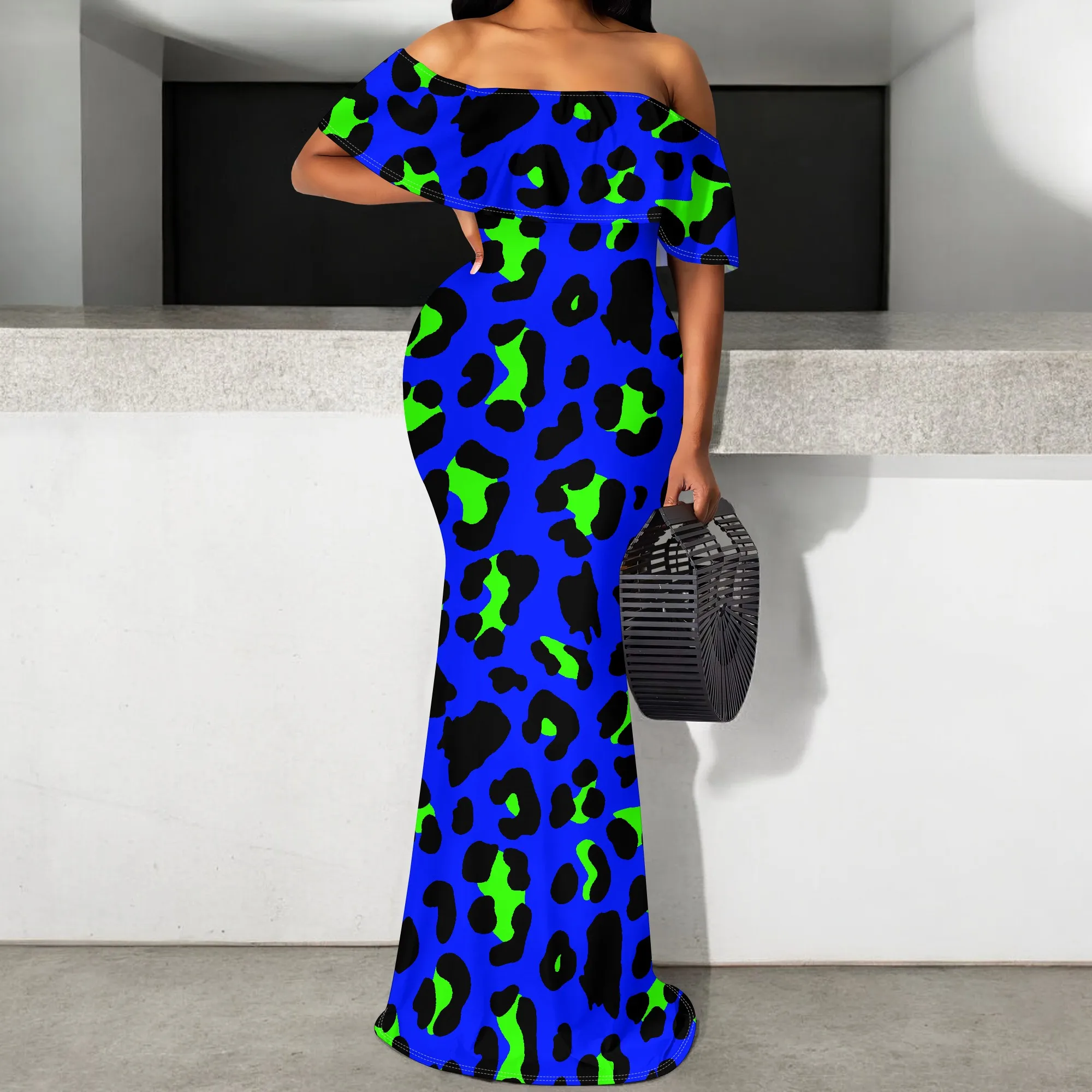 

Women's Blue Leopard Print Mermaid Dress Sexy Off-Shoulder Ruffle Party Gown S-3XL