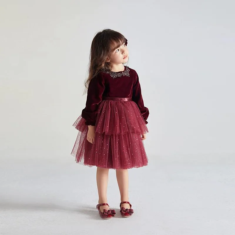 2024 New Autumn Girls Velvet Patchwork Mesh Princess Ball Gown Children Birthday Party Performances Dress y1386
