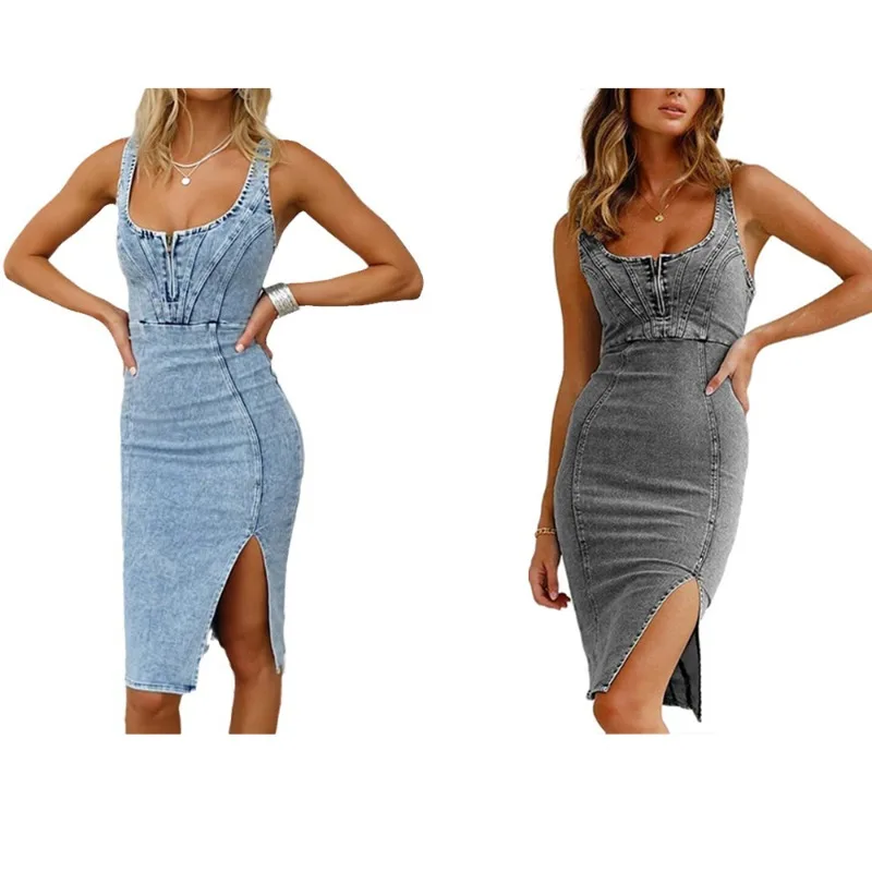 

European and American sleeveless dress U-neck suspenders old casual Fengshui washed denim slit dress denim suspender dress