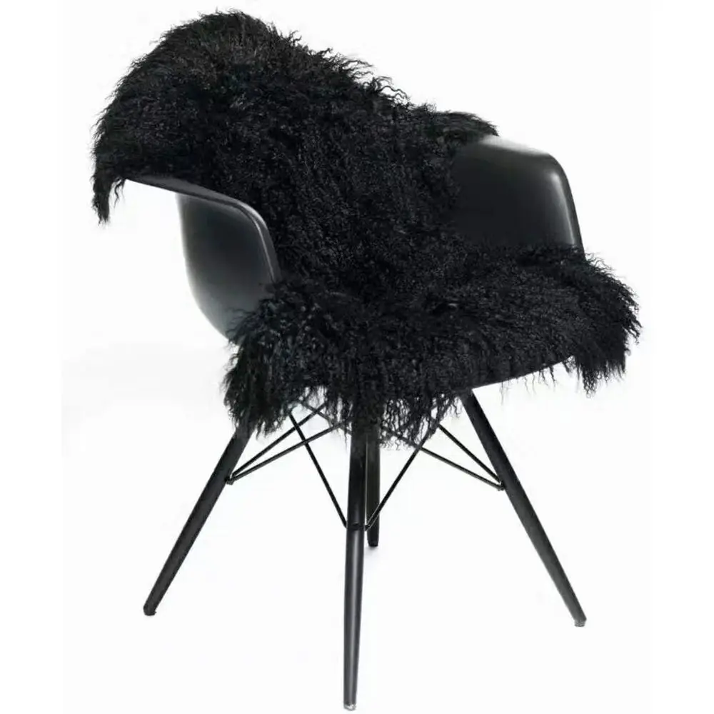 

Authentic Tibetan Rug, Luxurious Mongolian Sheepskin Pelt, Plush Black Fur Area Rug for Home Decor
