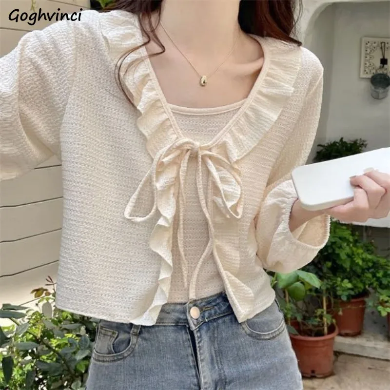 Spring Sets Women Fungus Side Lace Up French Style Solid O-neck Korean Style All-match Retro Gentle Elegant Ruffles Fashion Slim