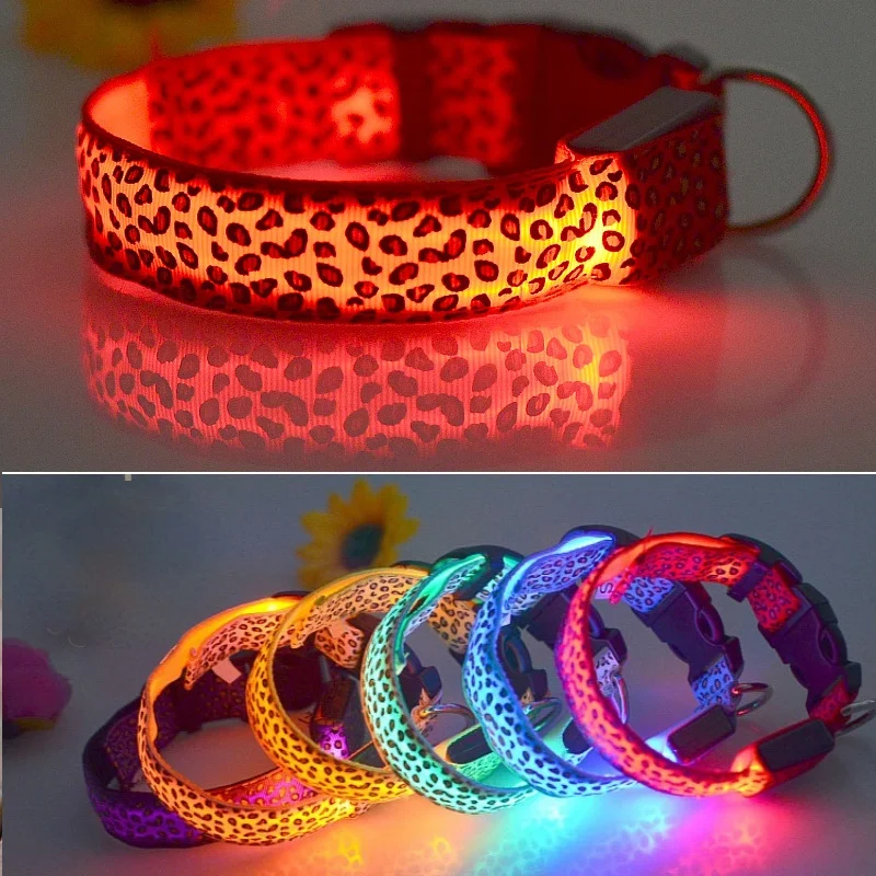 Leopard Print Nylon Pet Dog Collar For Small Dogs Cat Flashing Growing LED Light Night Safety Anti Lost Adjustable