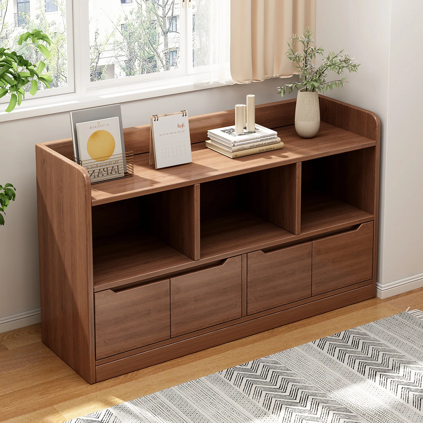 

Bookcase Is Integrated Against Wall Lattice Cabinet Bay Window Cabinet Storage Cabinet And Small Bookshelf