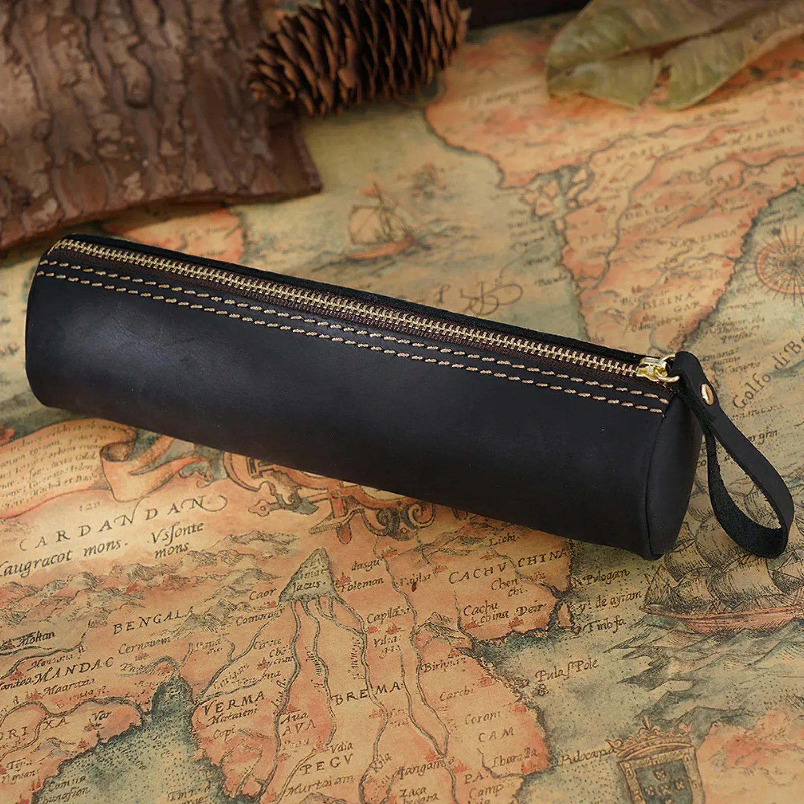 Genuine Leather Pencil Bag Retro Simple Stationery Holder Handmade Pen Case Storage Bag Zipper Pencil Pouch School Supplies