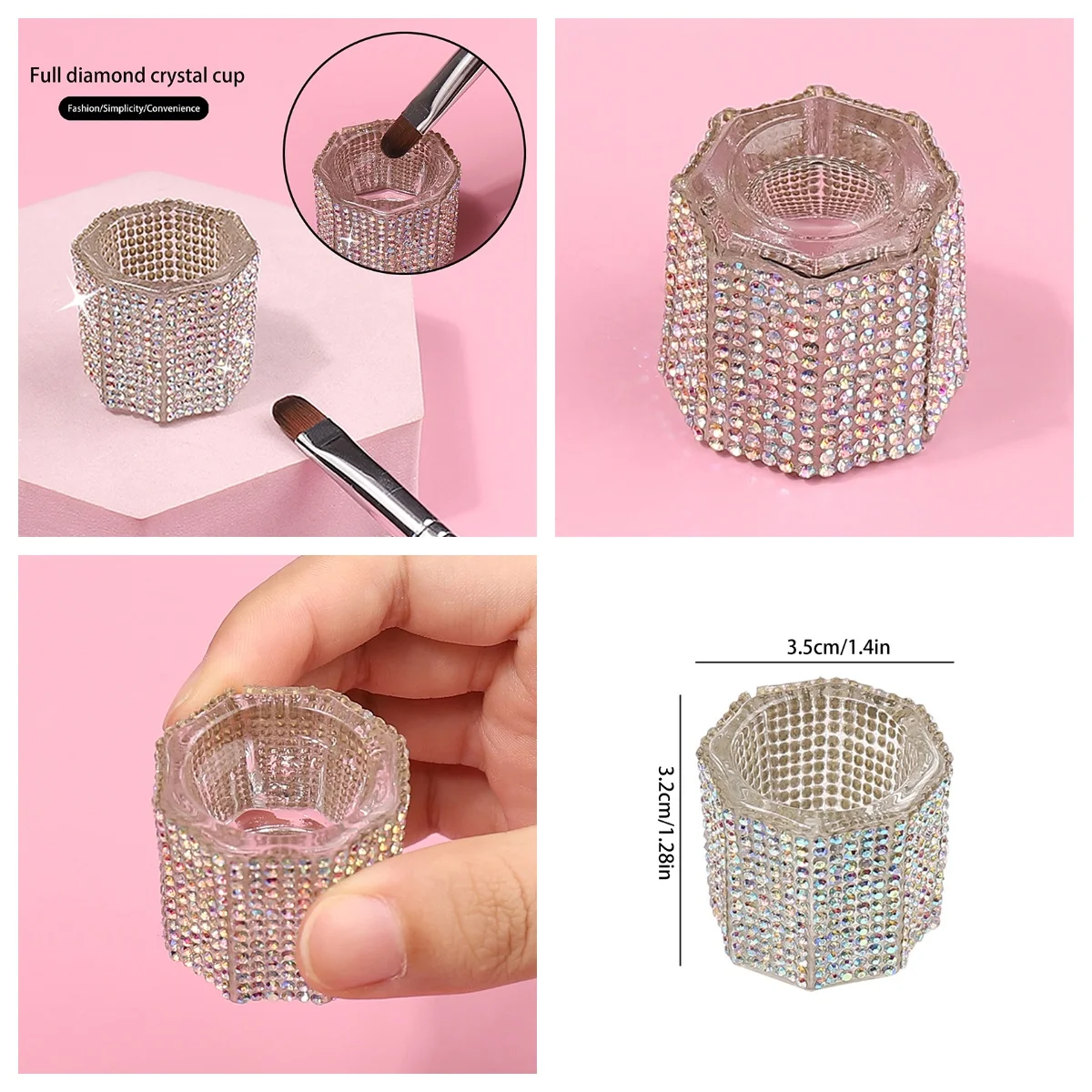 Mini Crystal Glass Acrylic Small Octagonal Powder Liquid Nail Cup Nail Brush Clean Liquid Power Rhinestone Luxury Mixing Bowl