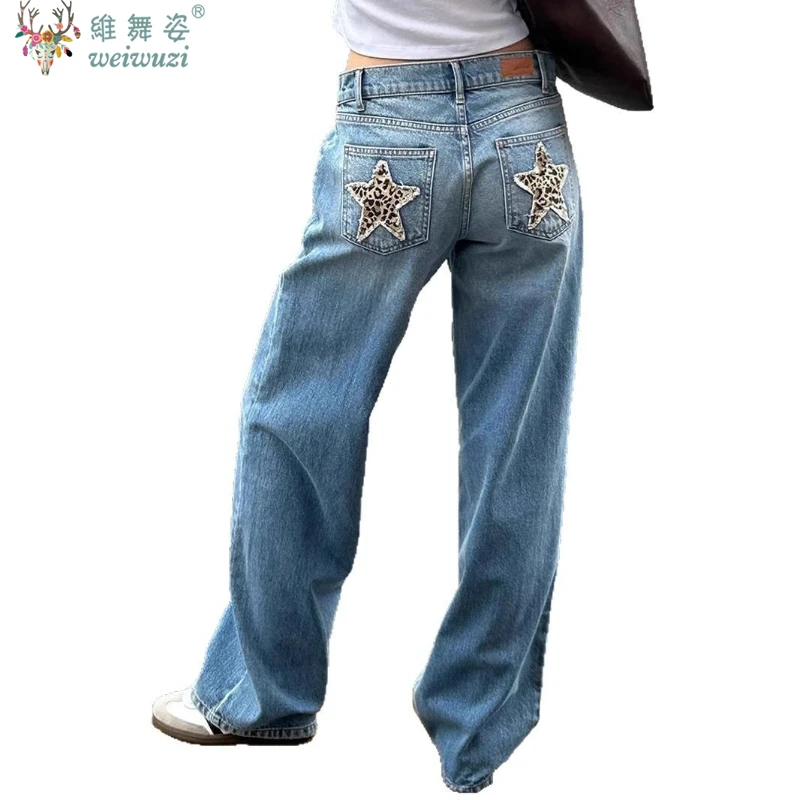 Amerykańskie damskie jeansy retro w panterkę z naszywkami w gwiazdy, proste spodnie dżinsowe, codzienne niebieskie spodnie z szerokimi nogawkami, jesienne spodnie w stylu Y2k.