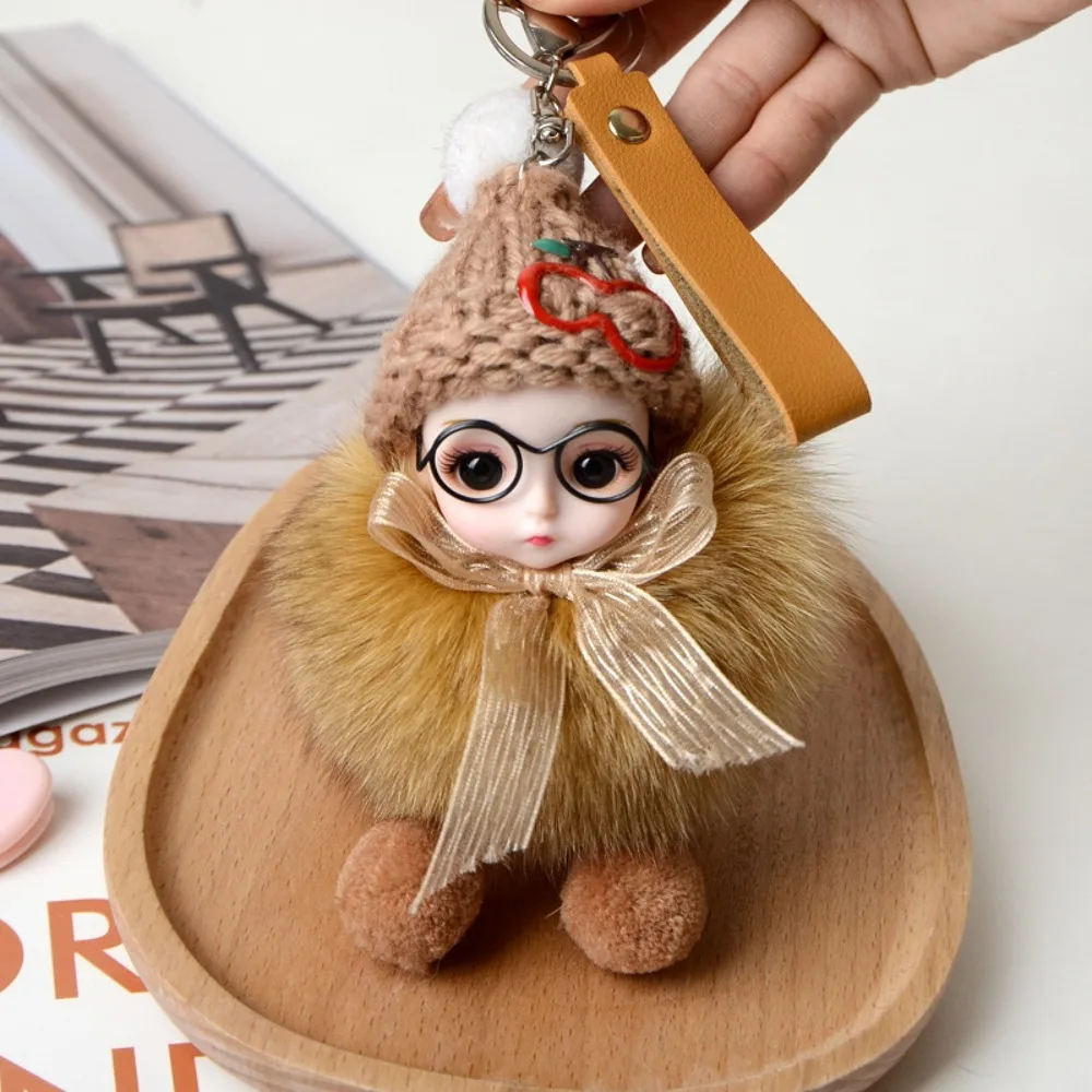 Eye Glass Doll Cute Pompom Keychain Real Fur Ball Plush Pompom Doll Keyring Cherry Car Key Ring Baby Doll Ball Key Chain