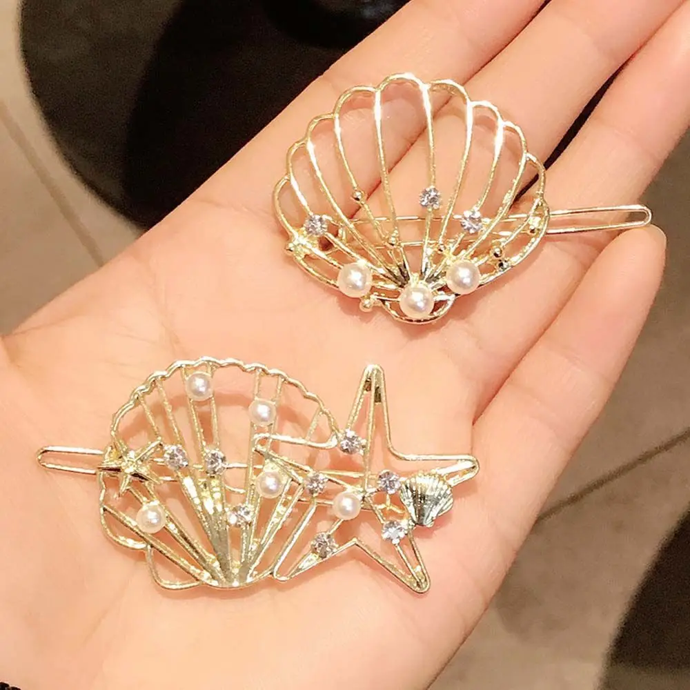 Girls Vacation Sea Women Alloy Starfish Conch Shell Barrettes Hair Clips Hairpins Pearl Clip