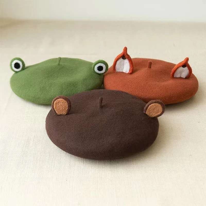 New Unisex Cute Frog Big Eye Wool Beret Retro Women Winter Casual Warm Painter Hats for Girls Individuality Gift French Berets