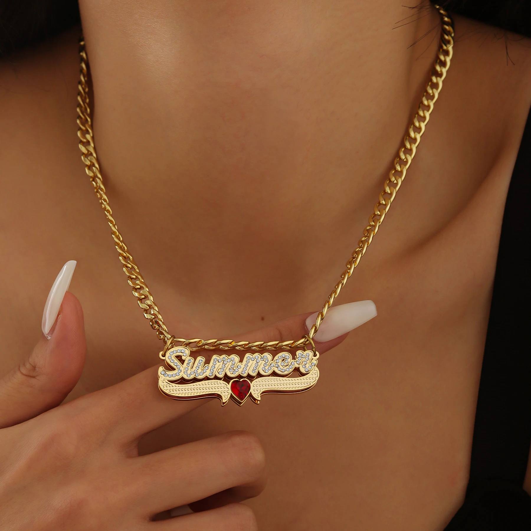 Double Layer Name Necklace Gold Plated Custom Initial Pendant With Zircon And Birthstone Personalized Jewelry Gift For Women Her