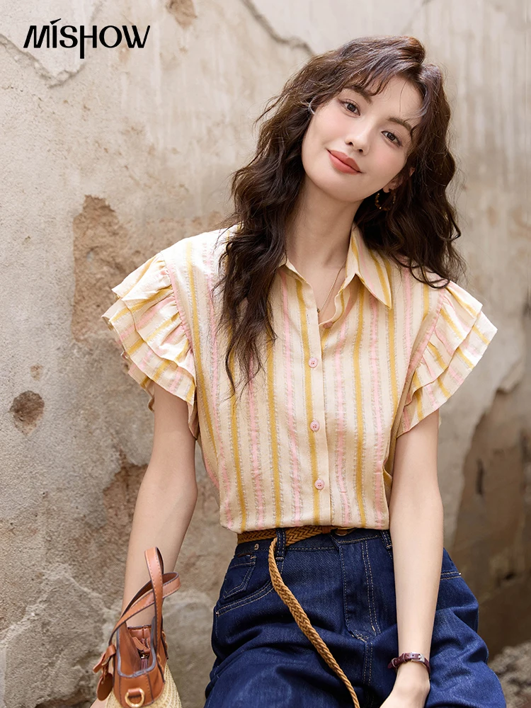 

MISHOW Women's Striped Short Sleeve Shirt Summer 2024 Double Layered Ruffle Sleeve Shirt Polo Neck Casual Fashion Top MXD28C0265