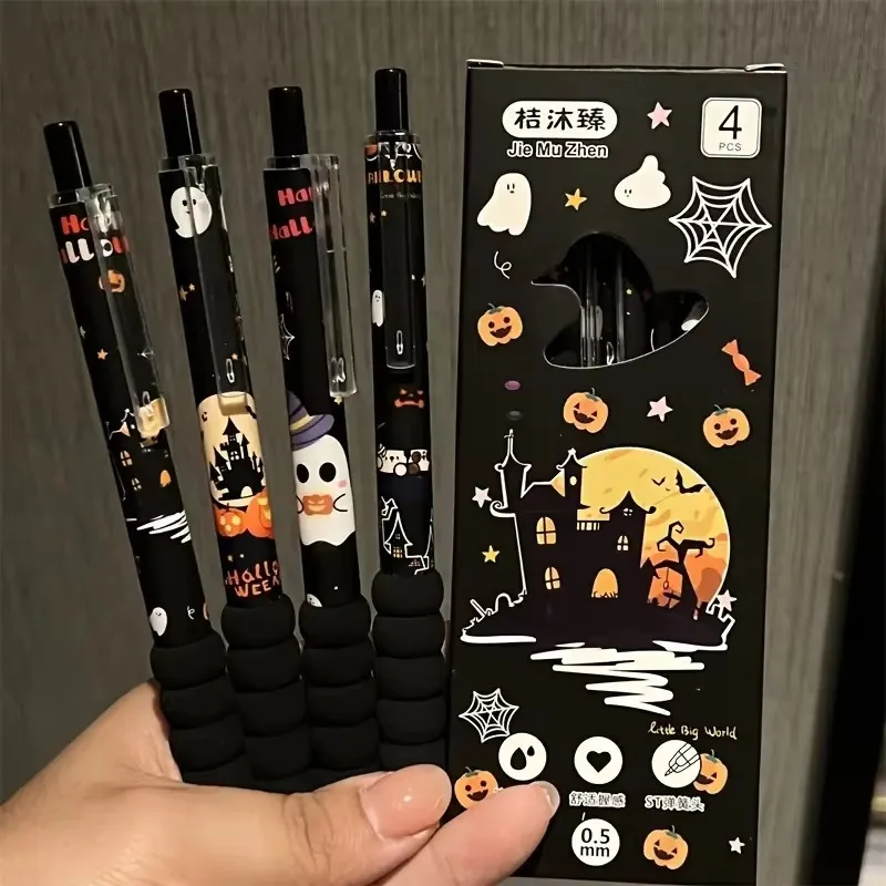 4Pcs Halloween Retractable Gel Pens Ghost Pumpkin Castle Pattern 0.5mm Black Ink Writing Pen Student School Stationery Gift