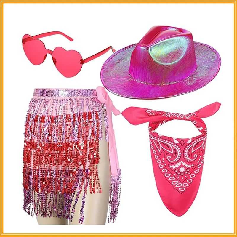 

4pcs Western Cowboy Decor Set Women Pink Cowgirl Glitter Skirt Glasses Bandana Hat Set Carnival Party Nightclub Costume Cosplay