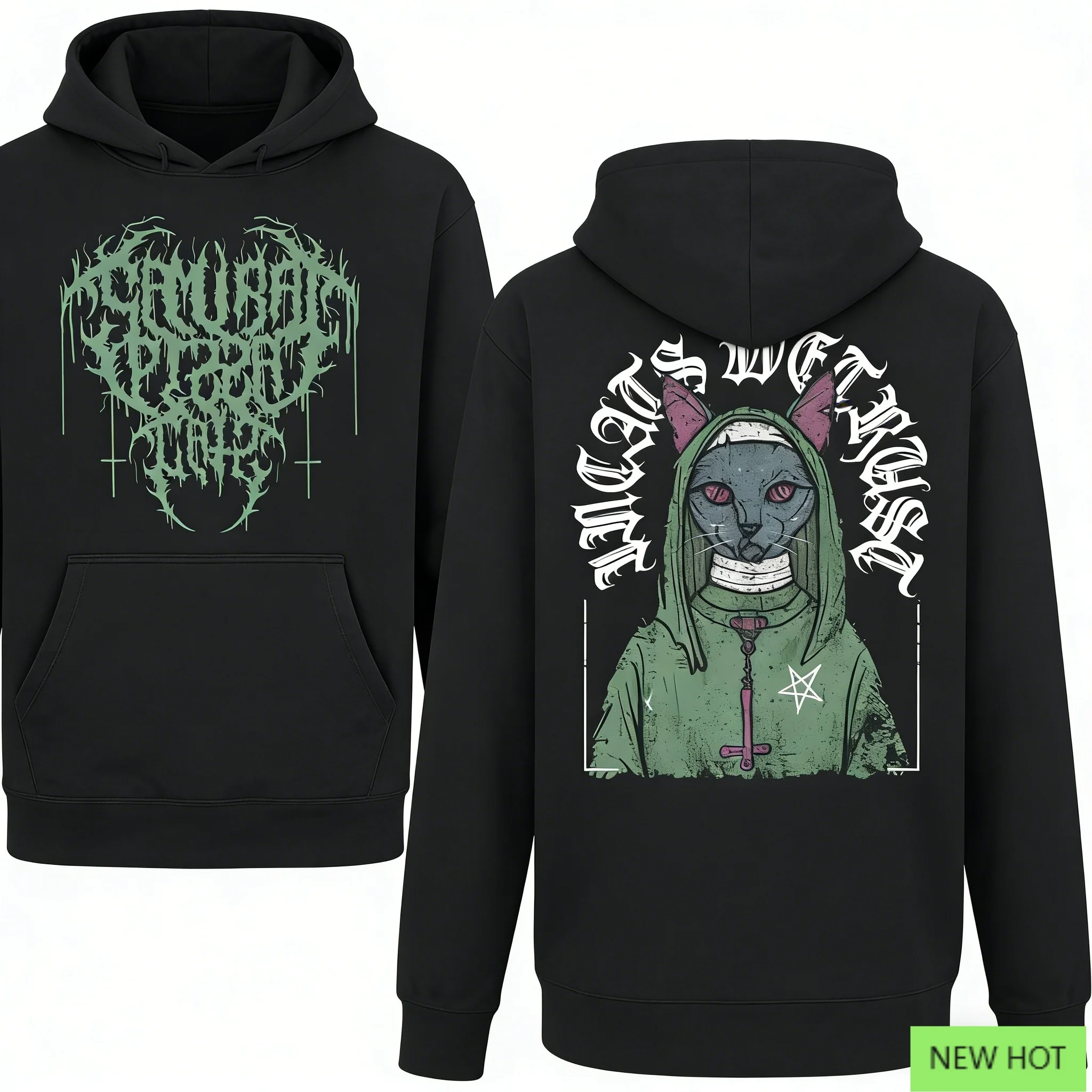 سويت شيرت Goth بقلنسوة برسومات Dark Nun Cat باللون الأسود والأخضر كاجوال للجنسين لمحبي الموضة البديلة #2