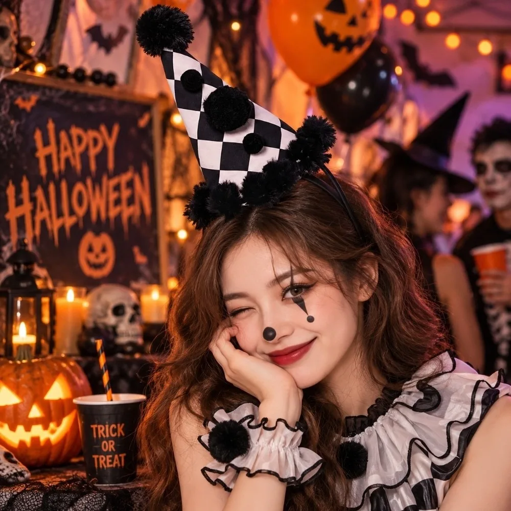 Plush Ball Halloween Joker Headband Dot Grid Ruffle Clown Headwear Colorful Classic Funny Headwear Carnival Dress Up