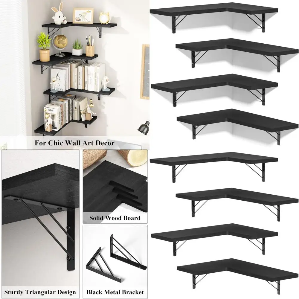 Rustic Wall-Mounted Corner Shelves, Set of 4, Black, for Home Storage and Display