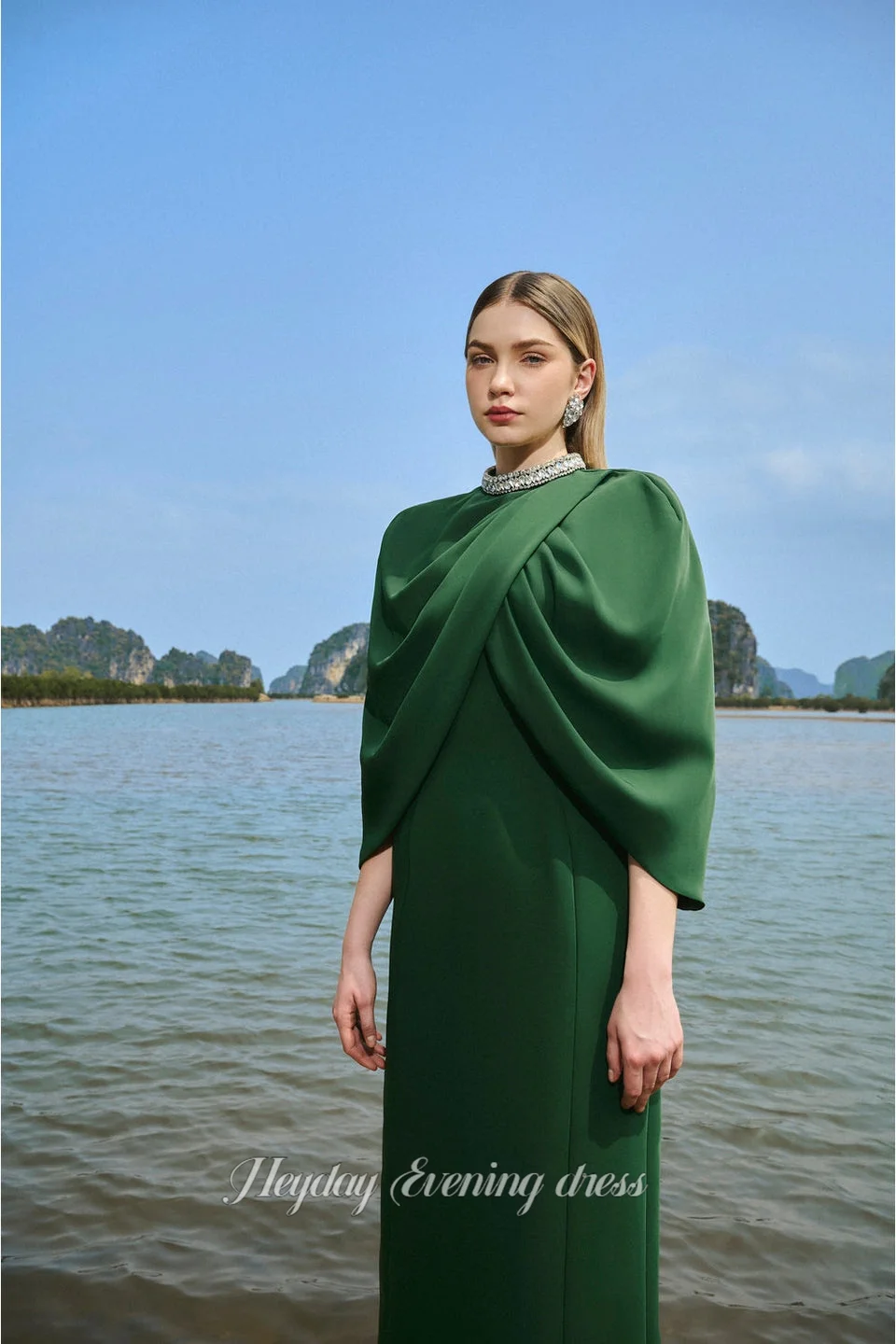 Heyday-Conjunto de vestido plisado de capa con adornos de piedra y escote redondo, vestido de noche de corte A para mujer