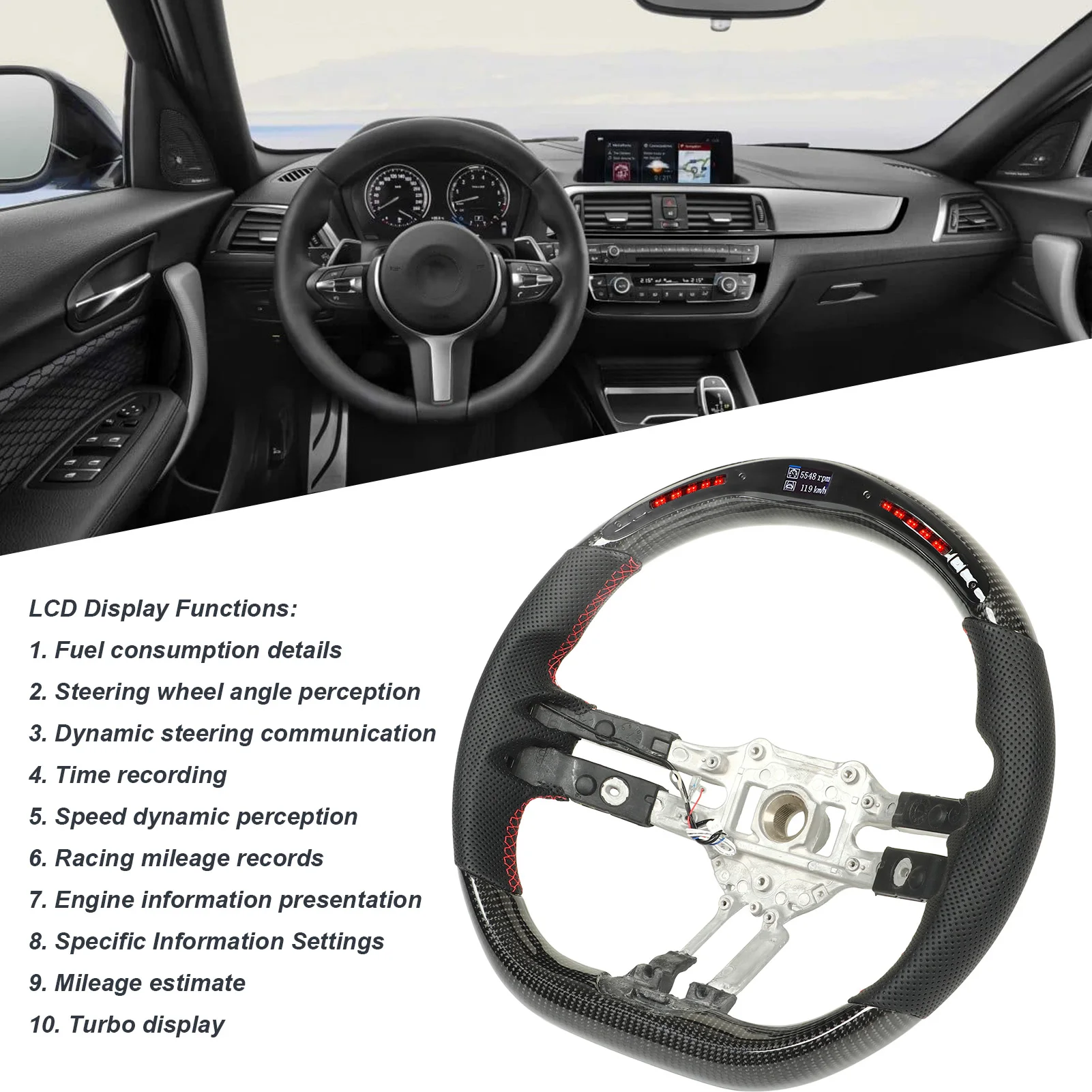 

Carbon LED Display Shift Lights Steering Wheel for F20 F22 F30 F32 F15 F16 M Sport M2 M3 M4 X5M X6M Racing Steering Wheel