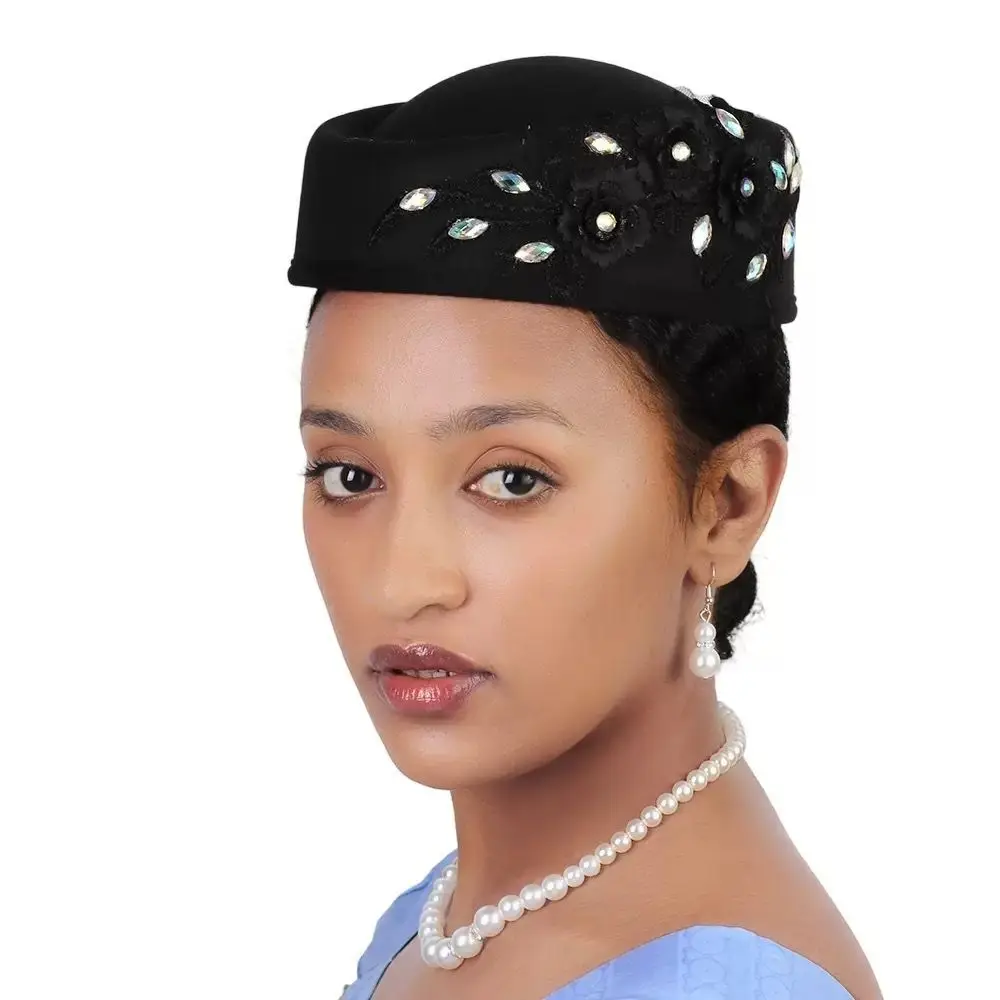 

Uniform Stewardess Hat Vintage Topper Hat Flower Rhinestone Felt Beret Solid Color Lace Pillbox Hat Banquet