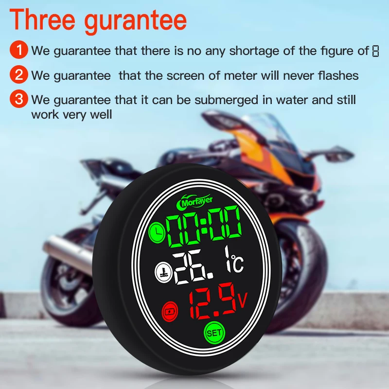 1Pcs DC9V-24V 4 In 1 Motorcycle Mini Full-screen Water Temperature Meter Voltmeter Timer Air Temperature IP67 Low Voltage Alarm