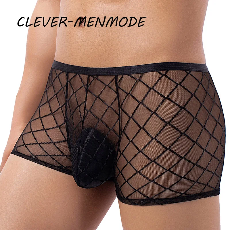 Men\'s Sexy Transparent Lace Panties Fishnet Sheer Boxer Shorts Breathable Low Rise Lingerie Exotic Costume Mesh Outfit