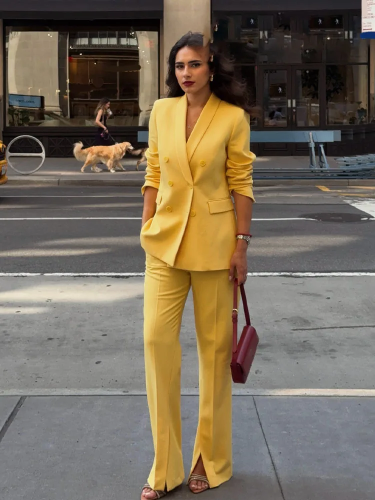 HH Conjunto amarillo para mujer, chaquetas cruzadas de manga larga con cuello vuelto + pantalones acampanados con cremallera en la cintura media, traje de primavera para mujer