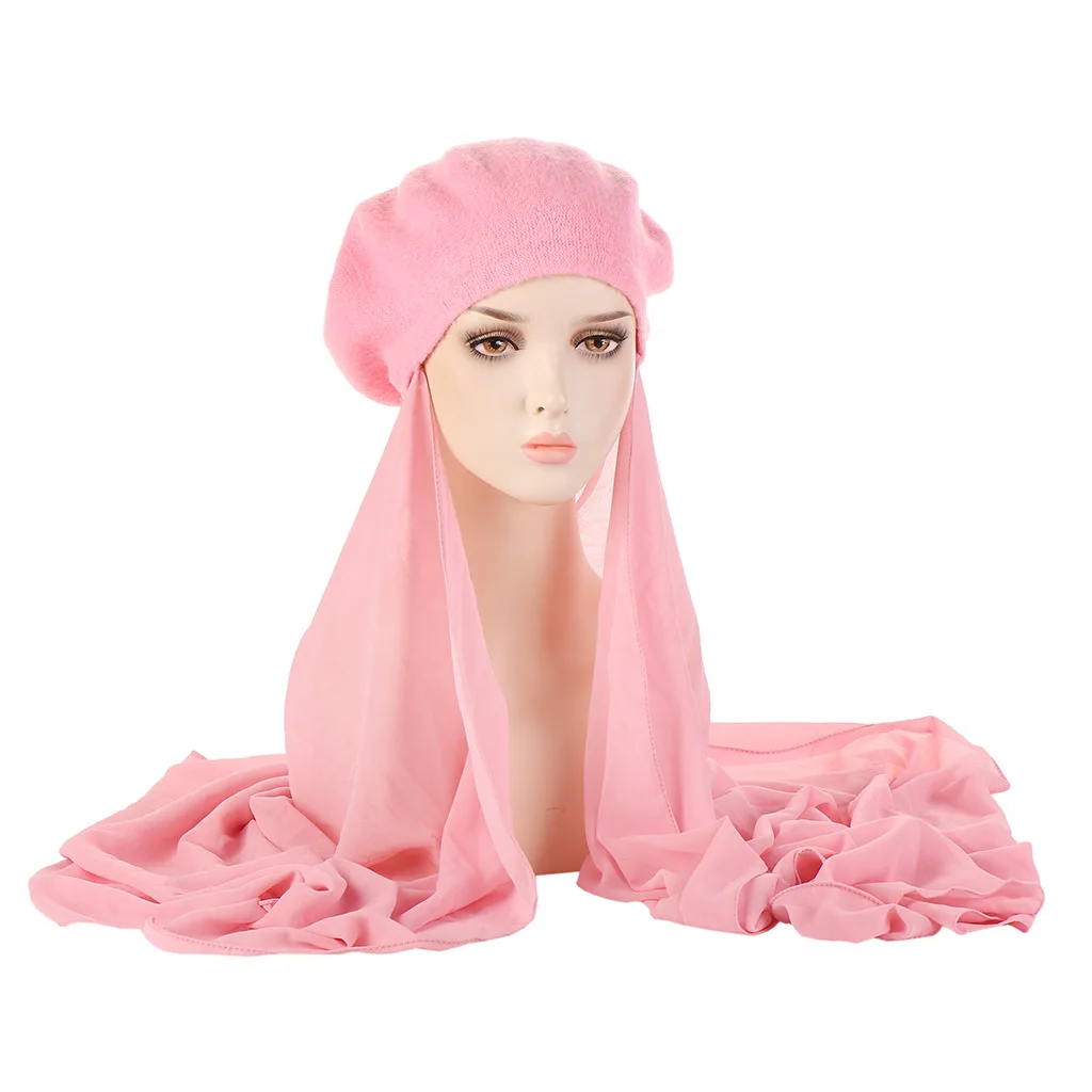 Solid Color Hijab Chiffon Scarf Muslim Stretch Turban Hats New Breathable Headscarf Bonnet Outdoor Warm Cold-Proof Women Beret