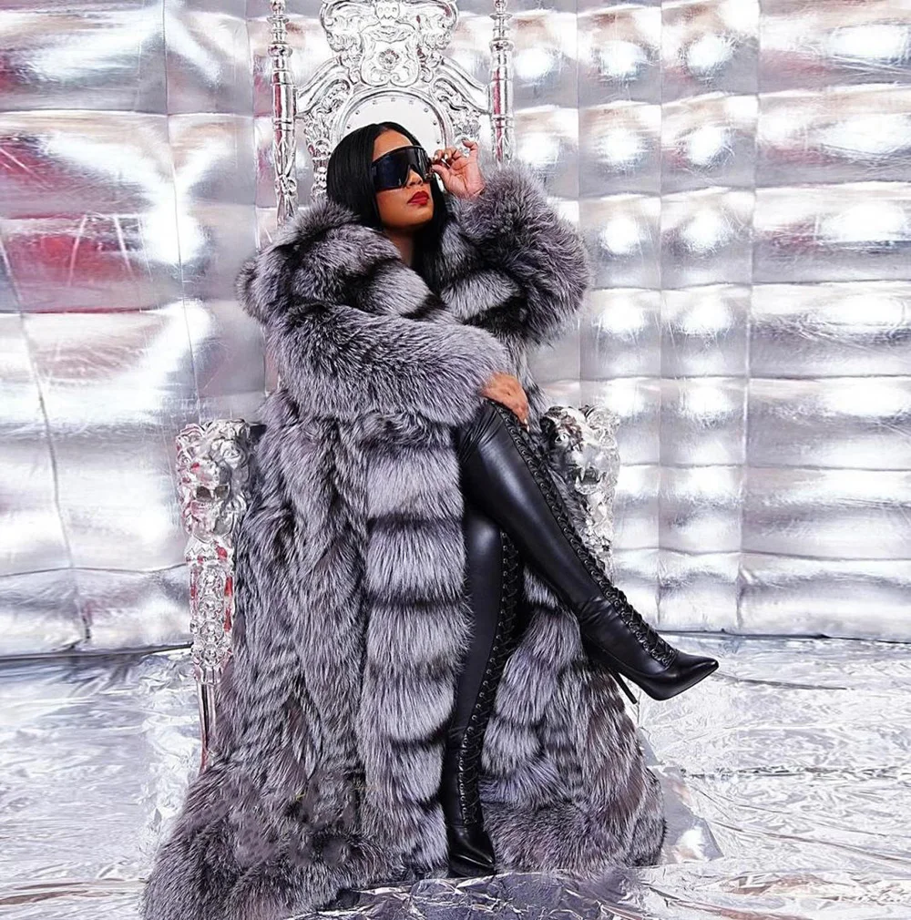 150CM Luxury Women Genuine Silver Fox Fur Long Coat Fashion Temperament Winter Genuine Fur Warm Thick Overcoat