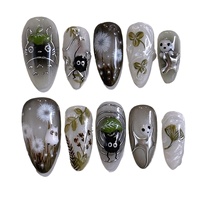 24pcs Gradient Black False Nails Cute Cartoon Cat's Eye Forest Elf Girl Press On Nails Glossy Almond Sweet Cool Fake Nail Tips