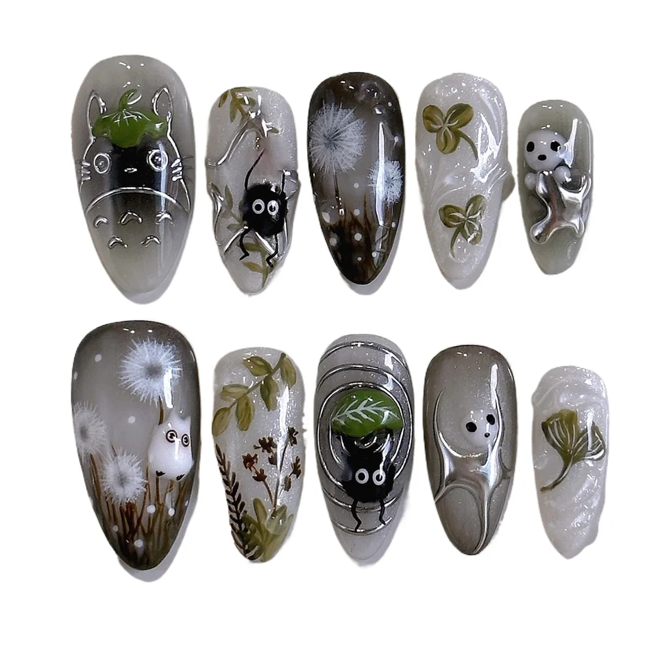24 piezas de uñas postizas negras con degradado, lindas, con dibujos de gato, estilo elfo del bosque, brillantes, almendradas, dulces y cool