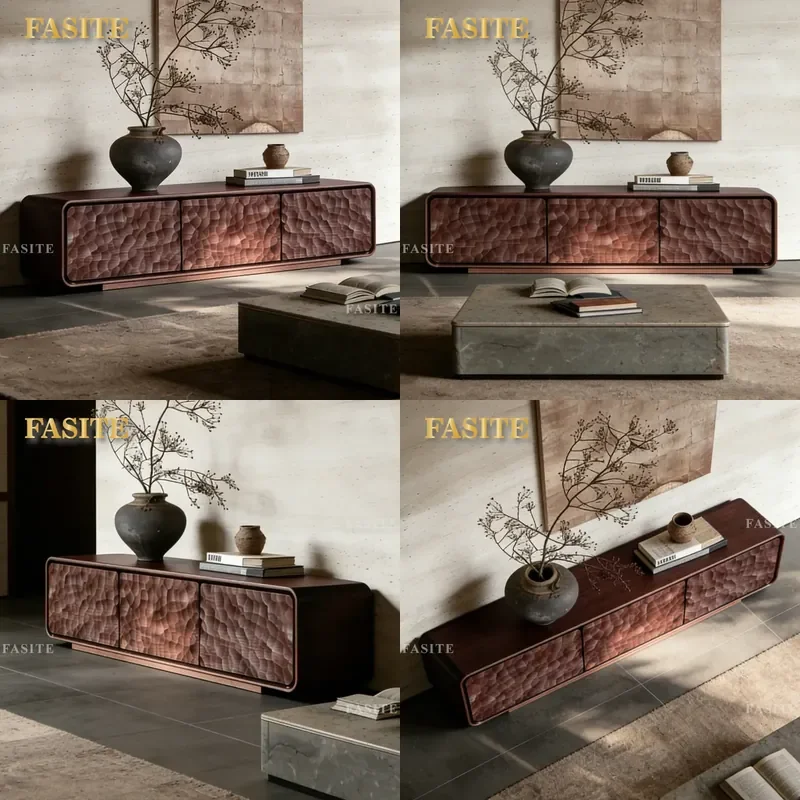 For Medieval Style Solid Wood Walnut TV Cabinet Hammer Pattern Living Room Floor Storage Unit Household Furniture