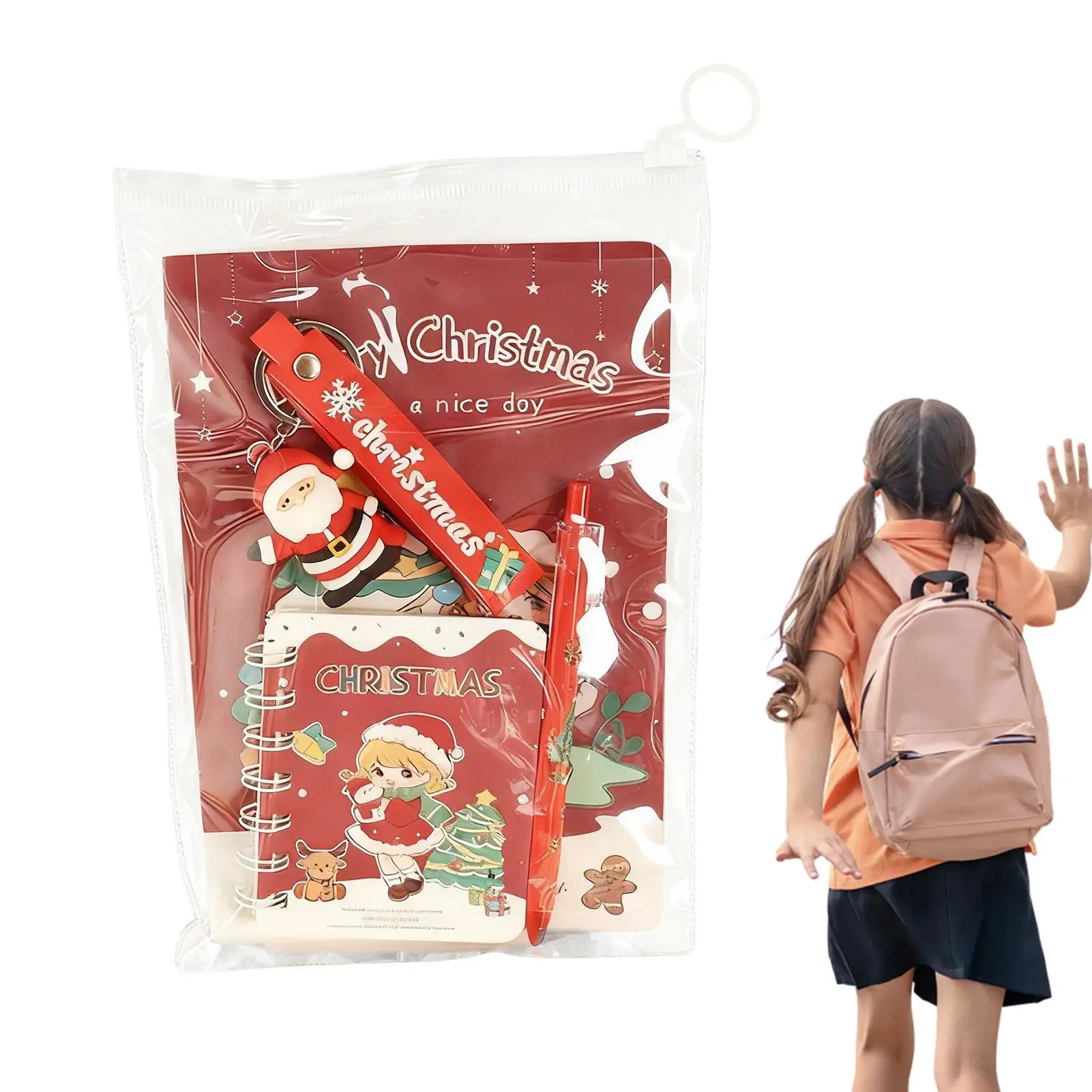 3pcs Christmas Stationery Set Christmas Cute Notebook Pen Keychain Stationery For Kids Students Classroom Study Note Taking