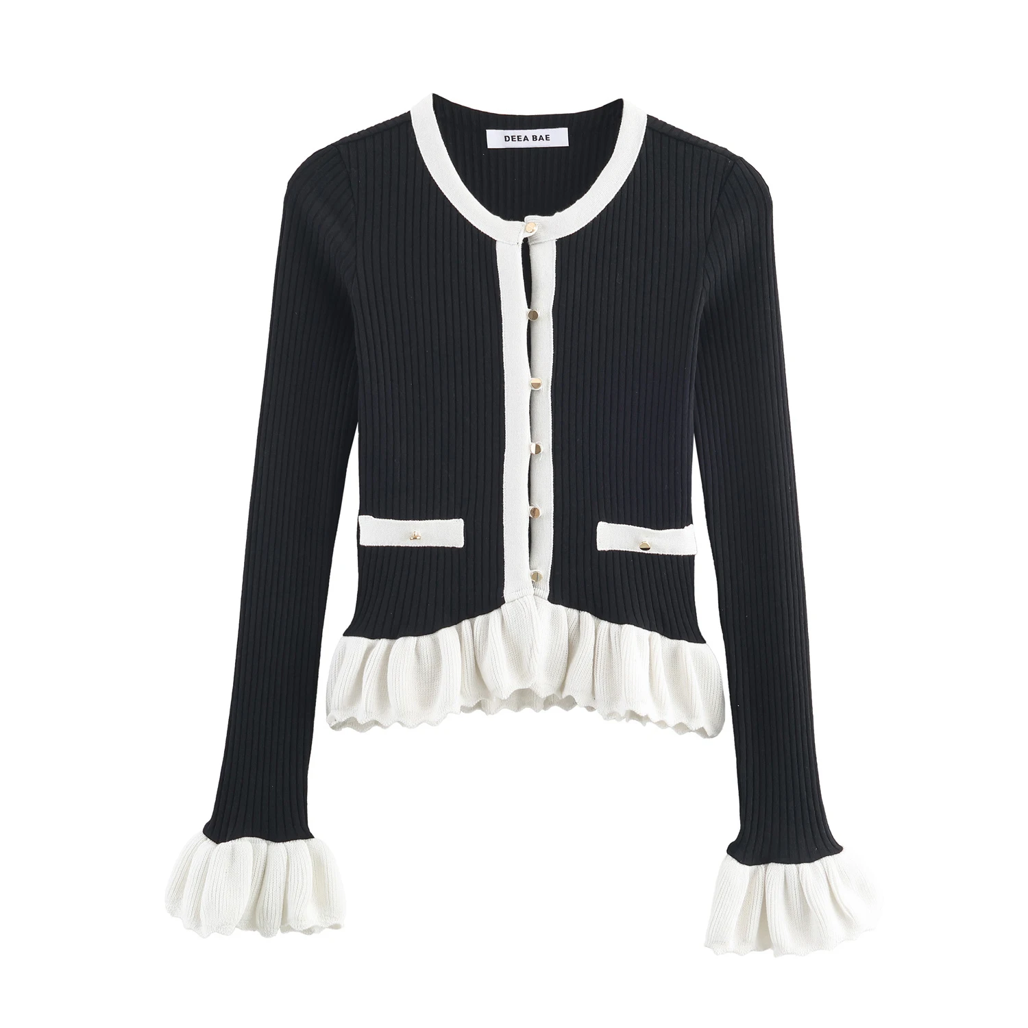 Neue kontrastierende gestrickte Patchwork-Jacke für Damen im europäischen und amerikanischen Stil mit Rundhalsausschnitt und langen Ärmeln für den Herbst 2022