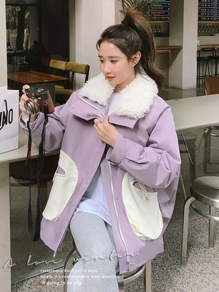 파카 벨벳 두꺼운 재킷 코트 여성 캐주얼 패치워크 재킷 루즈핏 지퍼 패션 스플라이싱 따뜻한 면 재킷