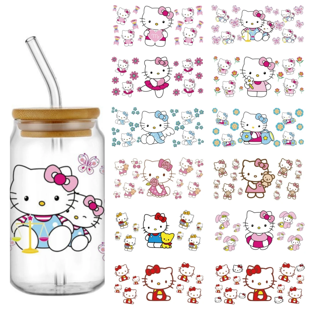 Miniso Cute Hello Kitty For Libbey 16oz Can Glass 3D Waterproof UV DTF Coffee Can Wrap Libbey Glass Wrap