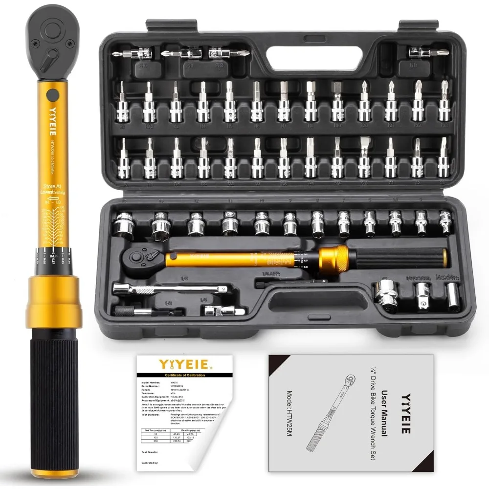 

50Pcs Bike Torque Wrench Set, 1/4" Drive, 10-230 IN.LB (1-26.0 Nm), Click Type with Bit Sockets and Adapters for MTB Repair