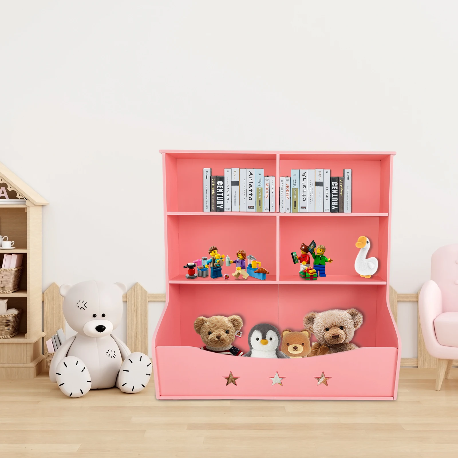 

Long-Lasting Kids Book Shelf with Carved PVC Design, 4 Storage Sections and Large Top Platform, Ideal for Organizing Children's