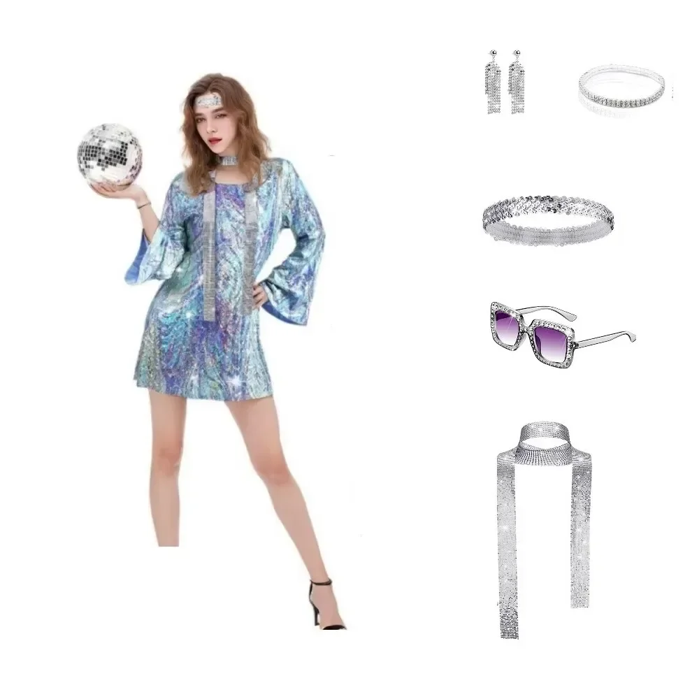 Costume Chang des années 70 pour femme, tenue et accessoires, tête brillante avec lunettes de soleil, boucles d'oreilles, collier, bracelet pour scène, performance de fête